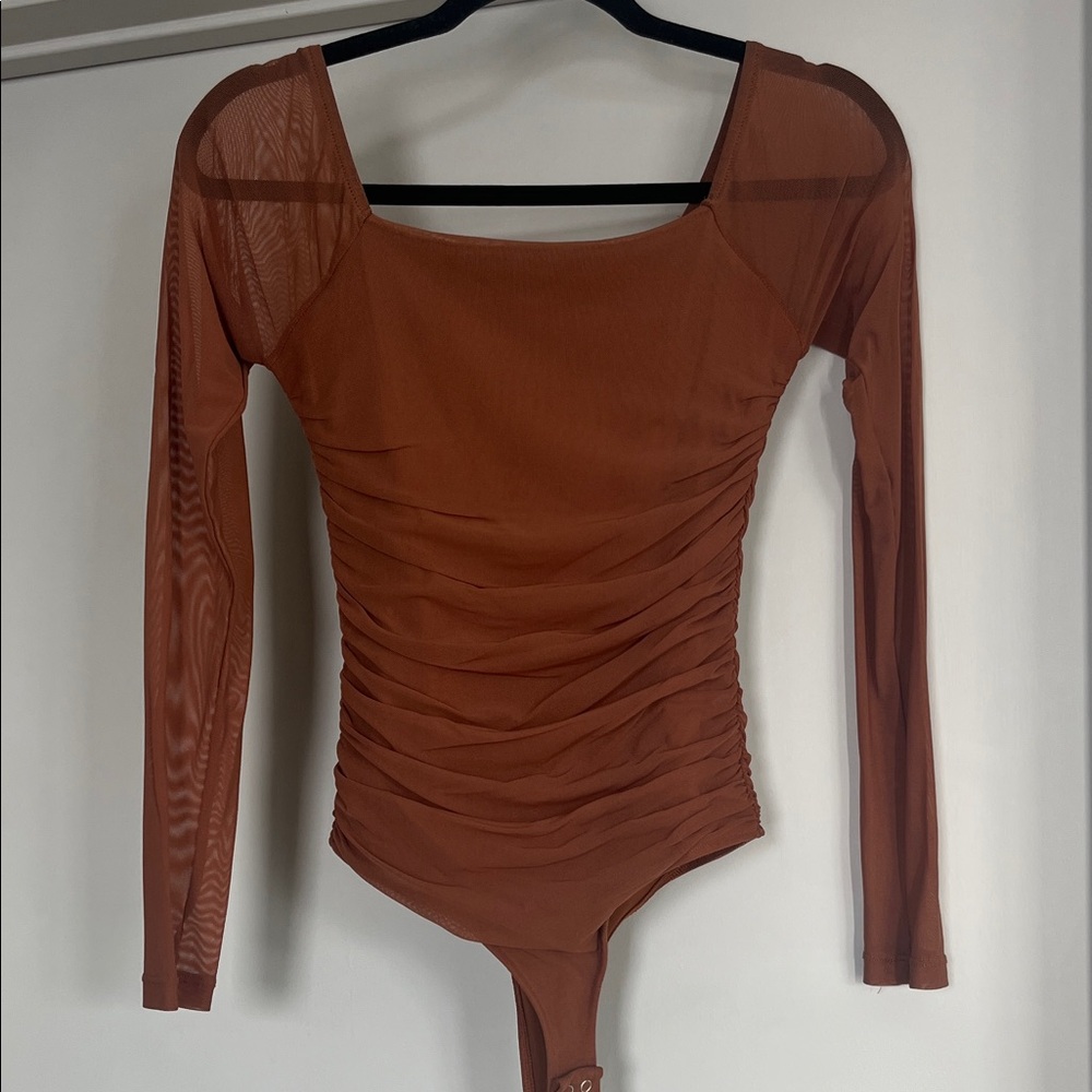 Rust Brown Long Mesh Sleeve Ruched Bodysuit